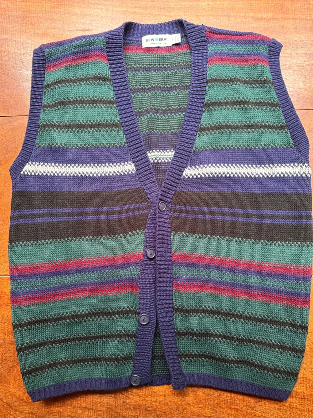 Vintage New Era Knit Sweater Vest USA Made Striped Grandpa Core 90s Medium